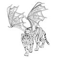Fantastic warlike tiger with wings. Coloring book. Printable image for logo, tattoo, jewelry, decoration, print. Black and white