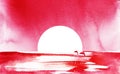 Fantastic watercolor landscape in red and white tones. Small figures of two dolphins jumping out of water against background of Royalty Free Stock Photo