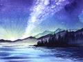 Fantastic watercolor mountain landscape of starry sky with milky way above calm lake and dark island with pines. Pale sun rises