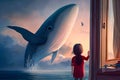 fantastic whale jumps out of the sea. girl dreams. Generative AI Royalty Free Stock Photo