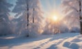 Fantastic winter forest. Trees in frost. Beautiful Christmas morning outdoors. Royalty Free Stock Photo