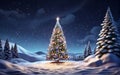 Fantastic winter landscape with christmas tree. 3D rendering