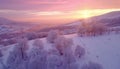 Majestic winter landscape, colorful sky glowing by sunlight