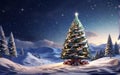 Fantastic winter landscape with decorated christmas tree.