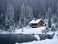 Fantastic winter landscape with glowing wooden cabin in snowy forest. Cozy house in Carpathian mountains. Christmas holiday Royalty Free Stock Photo