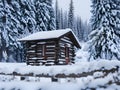 Fantastic winter landscape with glowing wooden cabin in snowy forest. Cozy house in Carpathian mountains. Christmas holiday Royalty Free Stock Photo