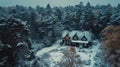 Fantastic winter landscape with glowing wooden cabin in snowy forest. Cozy house in Carpathian mountains. Royalty Free Stock Photo