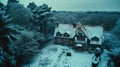 Fantastic winter landscape with glowing wooden cabin in snowy forest. Cozy house in Carpathian mountains. Royalty Free Stock Photo