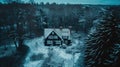 Fantastic winter landscape with glowing wooden cabin in snowy forest. Cozy house in Carpathian mountains. Royalty Free Stock Photo