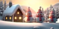 Fantastic winter landscape with glowing wooden house in snowy forest. Snoman Christmas holiday concept Royalty Free Stock Photo