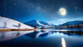 Fantastic winter landscape. Mountain lake at night in full moon light.AI Generated Royalty Free Stock Photo