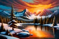 Fantastic winter landscape with a mountain lake and pine trees. Illustration art, generative ai Royalty Free Stock Photo