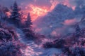 Fantastic winter landscape with a mountain trail at sunset Royalty Free Stock Photo