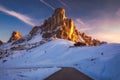 Fantastic winter landscape, Passo Giau with famous Ra Gusela