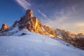 Fantastic winter landscape, Passo Giau with famous Ra Gusela, Nuvolau peaks in background, Dolomites, Italy, Europe Royalty Free Stock Photo