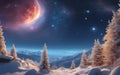 Fantastic winter landscape with snow covered fir trees and starry sky