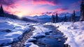Fantastic winter landscape with snow covered trees. Colorful sunset over mountain river Royalty Free Stock Photo