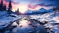 Fantastic winter landscape with snow covered trees. Colorful sunset over mountain river Royalty Free Stock Photo