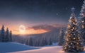 Fantastic winter landscape with snowy fir trees and full moon.