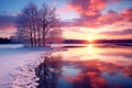 Fantastic winter landscape during sunset. Colorful sky glowing by sunlight. Dramatic wintry scene. Generative AI Royalty Free Stock Photo