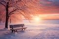 Fantastic winter landscape during sunset. Colorful sky glowing by sunlight. Dramatic wintry scene. Generative AI Royalty Free Stock Photo