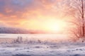 Fantastic winter landscape during sunset. Colorful sky glowing by sunlight. Dramatic wintry scene. Generative AI Royalty Free Stock Photo