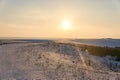 Fantastic winter landscape during sunset. colorful sky glowing by sunlight. Dramatic wintry scene. snow covered trees Royalty Free Stock Photo