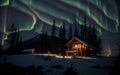 Fantastic winter landscape with wooden house with light in window in snowy mountains and northen light in night sky. Royalty Free Stock Photo