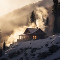 Fantastic winter landscape with wooden house in snowy mountains. Christmas and winter vacations holiday concept. Generative AI Royalty Free Stock Photo