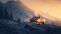 Fantastic winter landscape with wooden house in snowy mountains. Christmas and winter vacations holiday concept. Generative AI Royalty Free Stock Photo