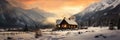 Fantastic winter landscape with wooden house in snowy mountains. Christmas and winter vacations holiday concept. Generative AI Royalty Free Stock Photo