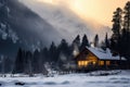 Fantastic winter landscape with wooden house in snowy mountains. Christmas and winter vacations holiday concept. Generative AI Royalty Free Stock Photo