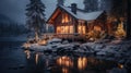Fantastic winter landscape with wooden house in snowy mountains. Christmas and winter vacations holiday concept. Generative AI Royalty Free Stock Photo