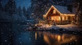 Fantastic winter landscape with wooden house in snowy mountains. Christmas and winter vacations holiday concept. Generative AI Royalty Free Stock Photo