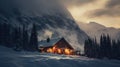 Fantastic winter landscape with wooden house in snowy mountains. Christmas and winter vacations holiday concept. Generative AI Royalty Free Stock Photo