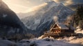 Fantastic winter landscape with wooden house in snowy mountains. Christmas and winter vacations holiday concept. Generative AI Royalty Free Stock Photo