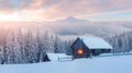 Fantastic winter landscape with wooden house in snowy mountains Royalty Free Stock Photo