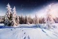 Fantastic winter meteor shower and the snow-capped mountains. Carpathians. Ukraine, Europe Royalty Free Stock Photo