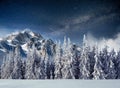 Fantastic winter meteor shower and the snow-capped mountains. Carpathians. Ukraine, Europe