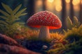 Fantastic wonderland forest landscape with mushrooms, ferns. Generative AI