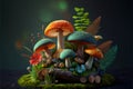 Fantastic wonderland forest landscape with mushrooms and flowers. many different colorful mushrooms Generative ai illustration Royalty Free Stock Photo