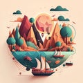 Fantastic wonderland geometric background with ship and air hot balloon