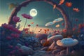 Fantastic wonderland landscape with mushrooms, lilies flowers