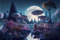 Fantastic wonderland landscape with mushrooms, lilies flowers