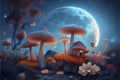 Fantastic wonderland landscape with mushrooms, lilies flowers