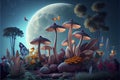 Fantastic wonderland landscape with mushrooms, lilies flowers