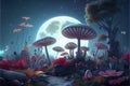 Fantastic wonderland landscape with mushrooms, lilies flowers