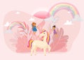 Fantastic word with magic unicorn, fairy girl, rainbow and wings, clouds cartoon vector illustration for kids. Royalty Free Stock Photo