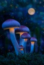 Fabulous world of glowing mushrooms. Glowing mushrooms in the night forest. Night landscape
