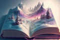 Fantastic worlds in open storybook pages. Concept art of dream travels and adventure stories. Storytelling concept. Ai generated